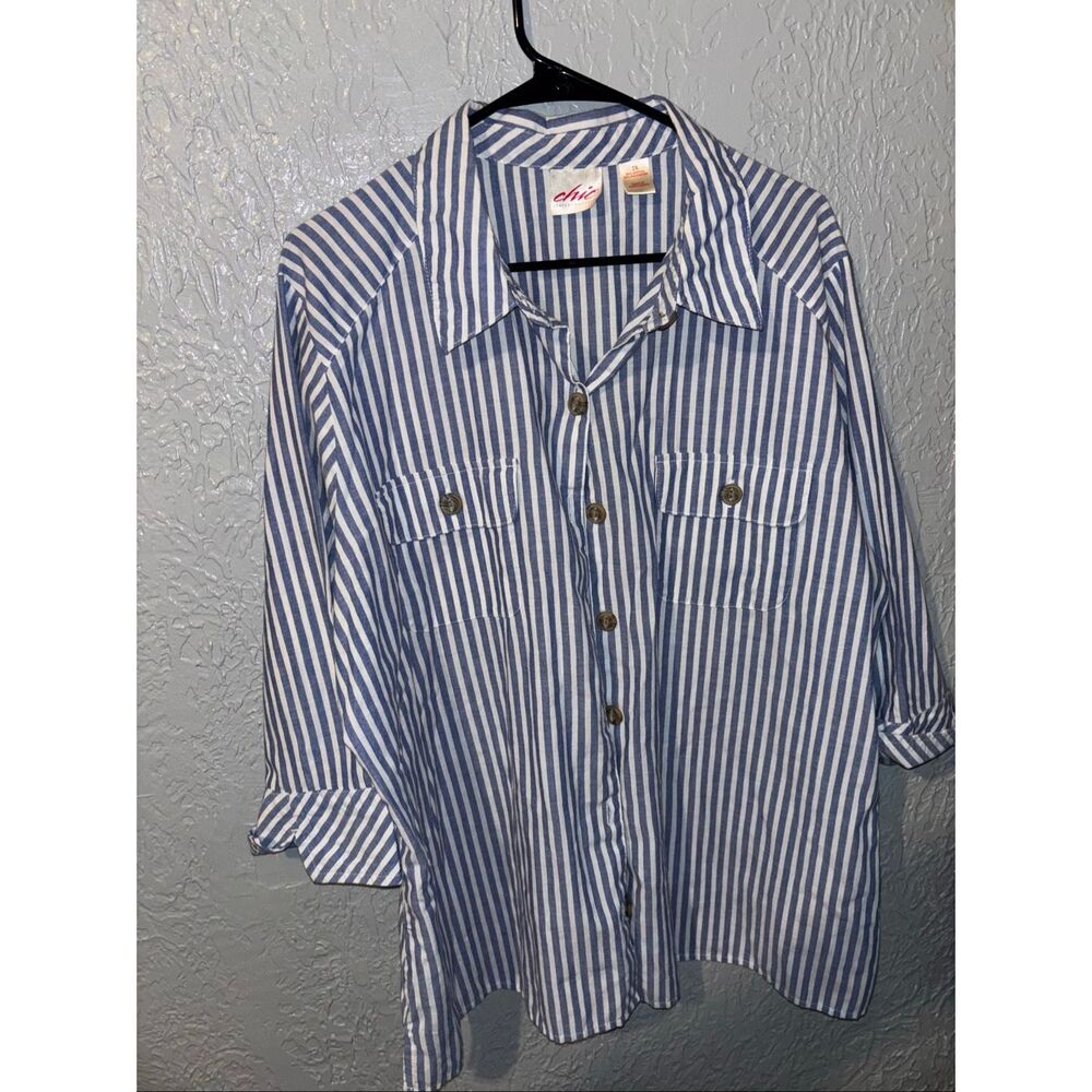 Chic Classic collection blue and white striped long-sleeve blouse